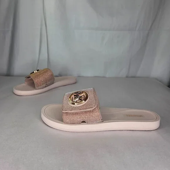 NWT Michael Kors MK Charm Slide Flat Sandals Soft Pink/ Rose Gold - Picture 2 of 7